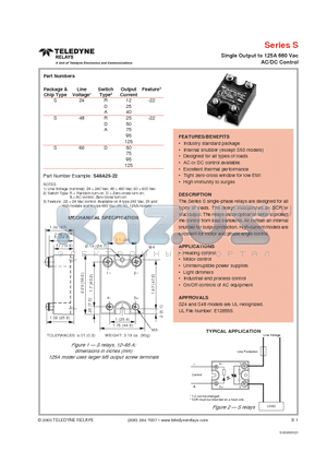 S24A25-22 datasheet - Single Output to 125A 660 Vac AC/DC Control
