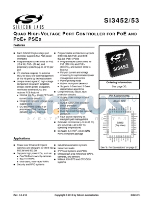 SI3452 datasheet - QUAD HIGH-VOLTAGE PORT CONTROLLER FOR POE AND POE PSES