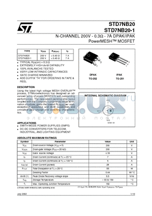 STD7NB20-1 datasheet - N-CHANNEL 200V - 0.3ohm - 7A DPAK/IPAK PowerMESH MOSFET