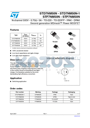 STD7NM50N datasheet - N-channel 500V - 0.70Y - 5A - TO-220 - TO-220FP - IPAK - DPAK Second generation MDmesh Power MOSFET