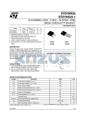 STD7NS20-1 datasheet - N-CHANNEL 200V - 0.35ohm - 7A DPAK / IPAK MESH OVERLAY MOSFET