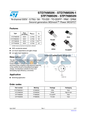 STD7NM50N-1 datasheet - N-channel 500V - 0.70Y - 5A - TO-220 - TO-220FP - IPAK - DPAK Second generation MDmesh Power MOSFET