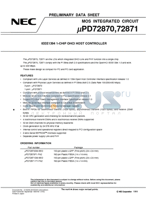 UPD72870FA2 datasheet - IEEE1394 1-CHIP OHCI HOST CONTROLLER