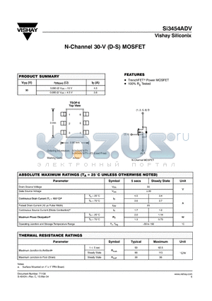 SI3454ADV datasheet - N-Channel 30-V (D-S) MOSFET