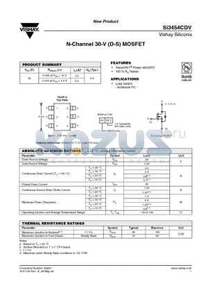 SI3454CDV-T1-E3 datasheet - N-Channel 30-V (D-S) MOSFET
