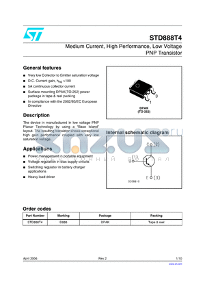 STD888T4 datasheet - Medium Current, High Performance, Low Voltage PNP Transistor