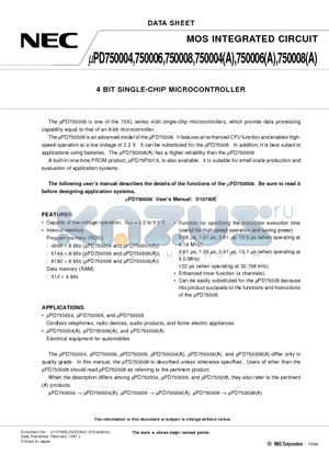 UPD750004GBA datasheet - 4 BIT SINGLE-CHIP MICROCONTROLLER