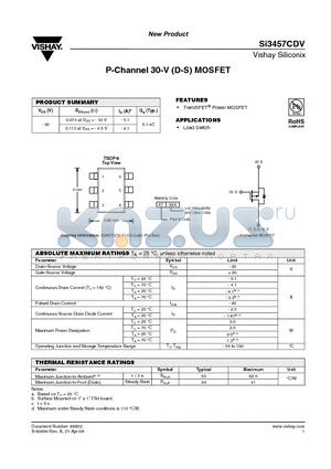 SI3457CDV-T1-E3 datasheet - P-Channel 30-V (D-S) MOSFET