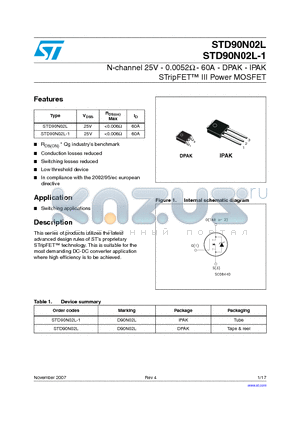 STD90N02L datasheet - N-channel 25V - 0.0052Y - 60A - DPAK - IPAK STripFET III Power MOSFET