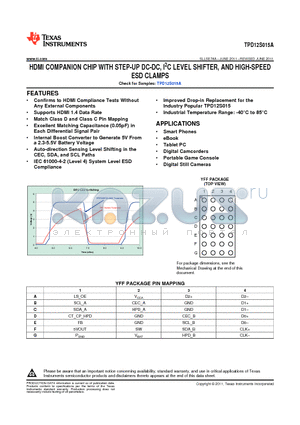 TPD12S015A datasheet - HDMI COMPANION CHIP WITH STEP-UP DC-DC, I2C LEVEL SHIFTER, AND HIGH-SPEED