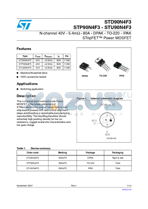 STD90N4F3 datasheet - N-channel 40V - 5.4mY - 80A - DPAK - TO-220 - IPAK STripFET Power MOSFET