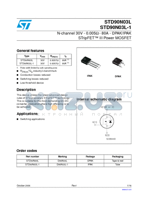 STD90N03L-1 datasheet - N-channel 30V - 0.005Y - 80A - DPAK/IPAK STripFET III Power MOSFET