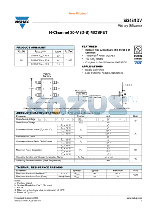 SI3464DV-T1-GE3 datasheet - N-Channel 20-V (D-S) MOSFET