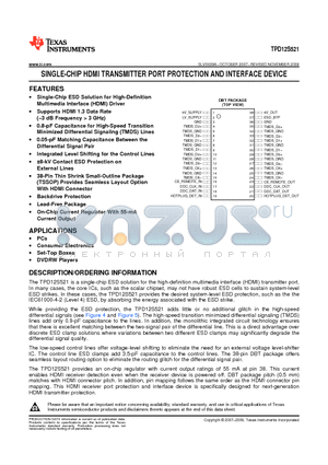 TPD12S521DBTRG4 datasheet - SINGLE-CHIP HDMI TRANSMITTER PORT PROTECTION AND INTERFACE DEVICE