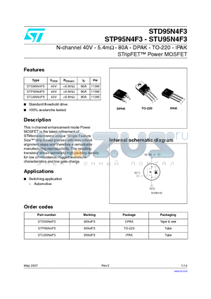 STD95N4F3 datasheet - N-channel 40V - 5.4mY - 80A - DPAK - TO-220 - IPAK STripFET Power MOSFET
