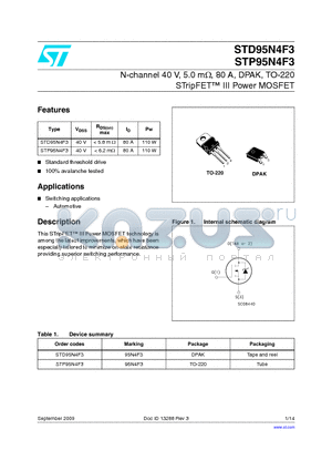 STD95N4F3_09 datasheet - N-channel 40 V, 5.0 mY, 80 A, DPAK, TO-220 STripFET III Power MOSFET