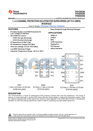 TPD1E05U06DPYT datasheet - 1, 4, 6 CHANNEL PROTECTION SOLUTION FOR SUPER-SPEED (UP TO 6 GBPS) INTERFACE