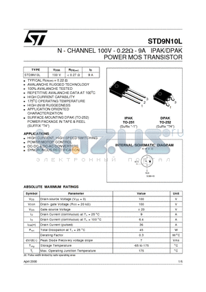 STD9N10L datasheet - N - CHANNEL 100V - 0.22ohm - 9A IPAK/DPAK POWER MOS TRANSISTOR