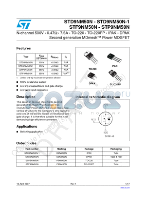 STD9NM50N datasheet - N-channel 500V - 0.47Y - 7.5A - TO-220 - TO-220FP - IPAK - DPAK Second generation MDmesh Power MOSFET