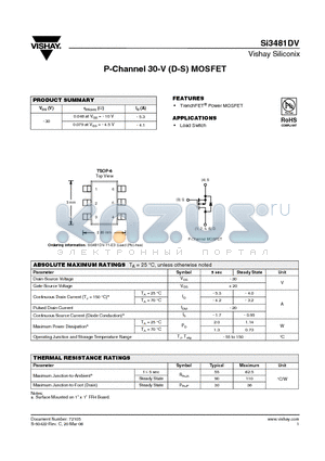 SI3481DV datasheet - P-Channel 30-V (D-S) MOSFET