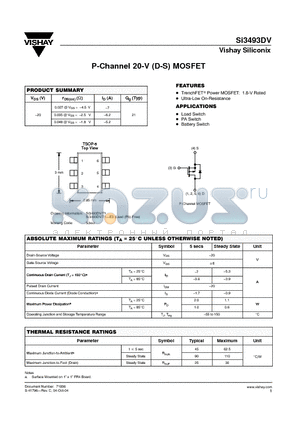 SI3493DV-T1 datasheet - P-Channel 20-V (D-S) MOSFET