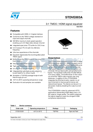 STDVE003A datasheet - 3:1 TMDS / HDMI signal equalizer