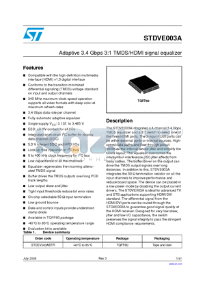 STDVE003A datasheet - Adaptive 3.4 Gbps 3:1 TMDS/HDMI signal equalizer