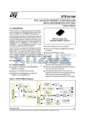 STE10 datasheet - PCI 10/100 ETHERNET CONTROLLER WITH INTEGRATED PHY 5V