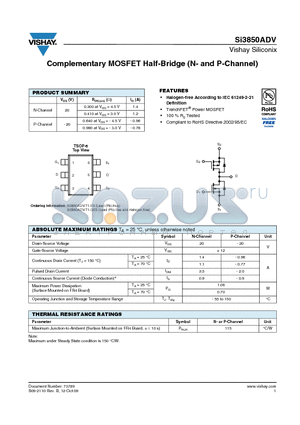 SI3850ADV datasheet - Complementary MOSFET Half-Bridge (N- and P-Channel)