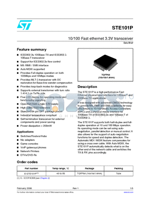 STE101P datasheet - 10/100 Fast ethernet 3.3V transceiver
