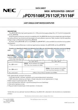 UPD75116FGF datasheet - 4-BIT SINGLE-CHIP MICROCOMPUTER