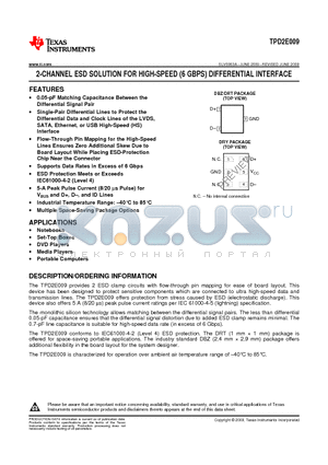 TPD2E009DBZR datasheet - 2-CHANNEL ESD SOLUTION FOR HIGH-SPEED (6 GBPS) DIFFERENTIAL INTERFACE