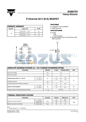 SI3867DV datasheet - P-Channel 20-V (D-S) MOSFET