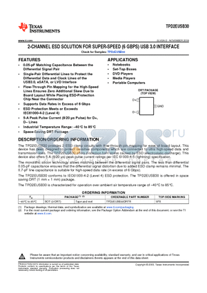 TPD2EUSB30DRTR datasheet - 2-CHANNEL ESD SOLUTION FOR SUPER-SPEED (6 GBPS) USB 3.0 INTERFACE