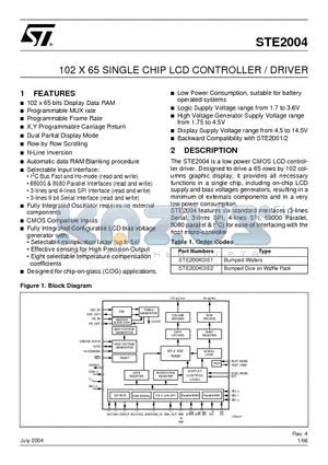 STE2004 datasheet - 102 X 65 SINGLE CHIP LCD CONTROLLER / DRIVER