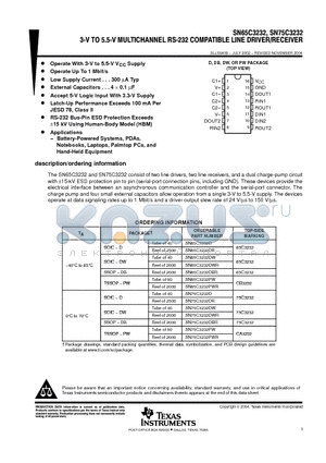 SN75C3232DWRE4 datasheet - 3-V TO 5.5-V MULTICHANNEL RS-232 COMPATIBLE LINE DRIVER/RECEIVER