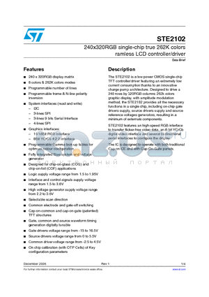 STE2102 datasheet - 240x320RGB single-chip true 262K colors ramless LCD controller/driver