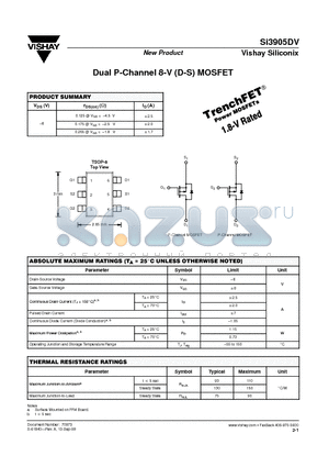 SI3905DV datasheet - Dual P-Channel 8-V (D-S) MOSFET