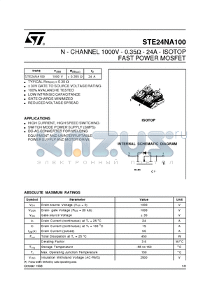 STE24NA100 datasheet - N - CHANNEL 1000V - 0.35ohm - 24A - ISOTOP FAST POWER MOSFET