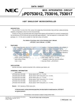 UPD753016 datasheet - 4-BIT SINGLE-CHIP MICROCONTROLLER