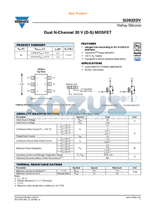 SI3932DV datasheet - Dual N-Channel 30 V (D-S) MOSFET