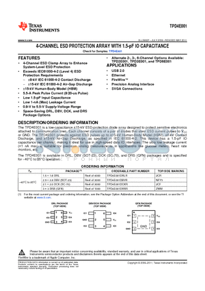 TPD4E001DRSR datasheet - 4-CHANNEL ESD PROTECTION ARRAY WITH 1.5-pF IO CAPACITANCE
