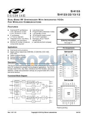 SI4113 datasheet - DUAL-BAND RF SYNTHESIZER WITH INTEGRATED VCOS FOR WIRELESS COMMUNICATIONS