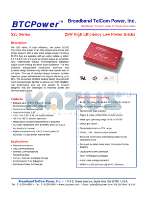 S25 datasheet - 25W High Efficiency Low Power Bricks