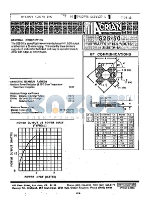 S25-50-3 datasheet - 25 WATTS - 12.5 VOLTS 1.5-30 MHZ