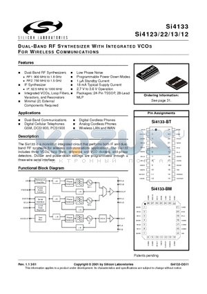 SI4122-BT datasheet - DUAL-BAND RF SYNTHESIZER WITH INTEGRATED VCOS FOR WIRELESS COMMUNICATIONS