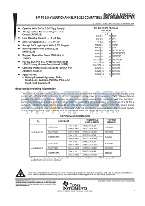 SN75C3243DBR datasheet - 3-V TO 5.5-V MULTICHANNEL RS-232 COMPATIBLE LINE DRIVER/RECEIVER