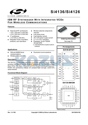 SI4126-F-GM datasheet - ISM RF SYNTHESIZER WITH INTEGRATED VCOS FOR WIRELESS COMMUNICATIONS