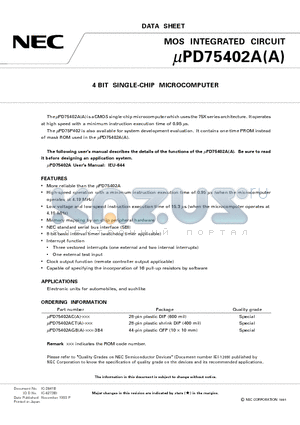 UPD75402AGBA datasheet - 4 BIT SINGLE-CHIP MICROCOMPUTER