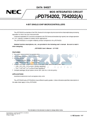 UPD754202GSA datasheet - 4-BIT SINGLE-CHIP MICROCONTROLLERS